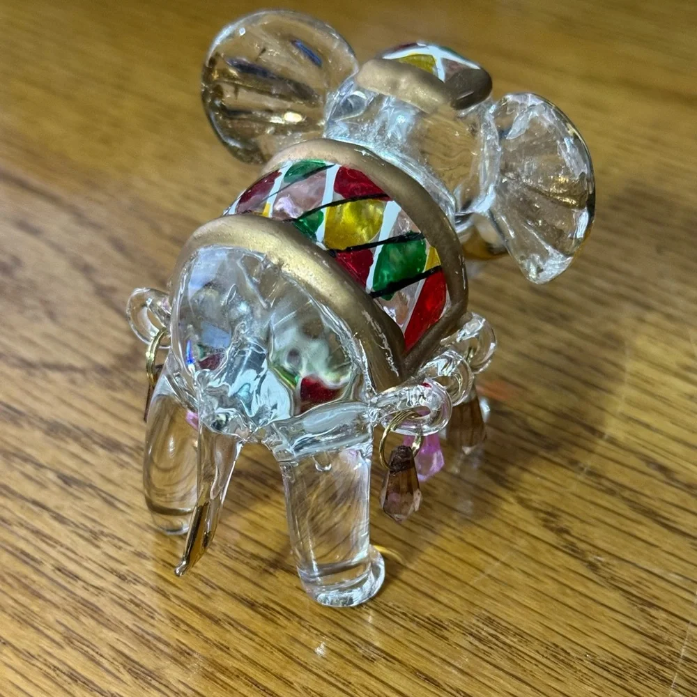 Spun Glass Hand Painted Elephant Figurine With Beads and Gold Accent‎